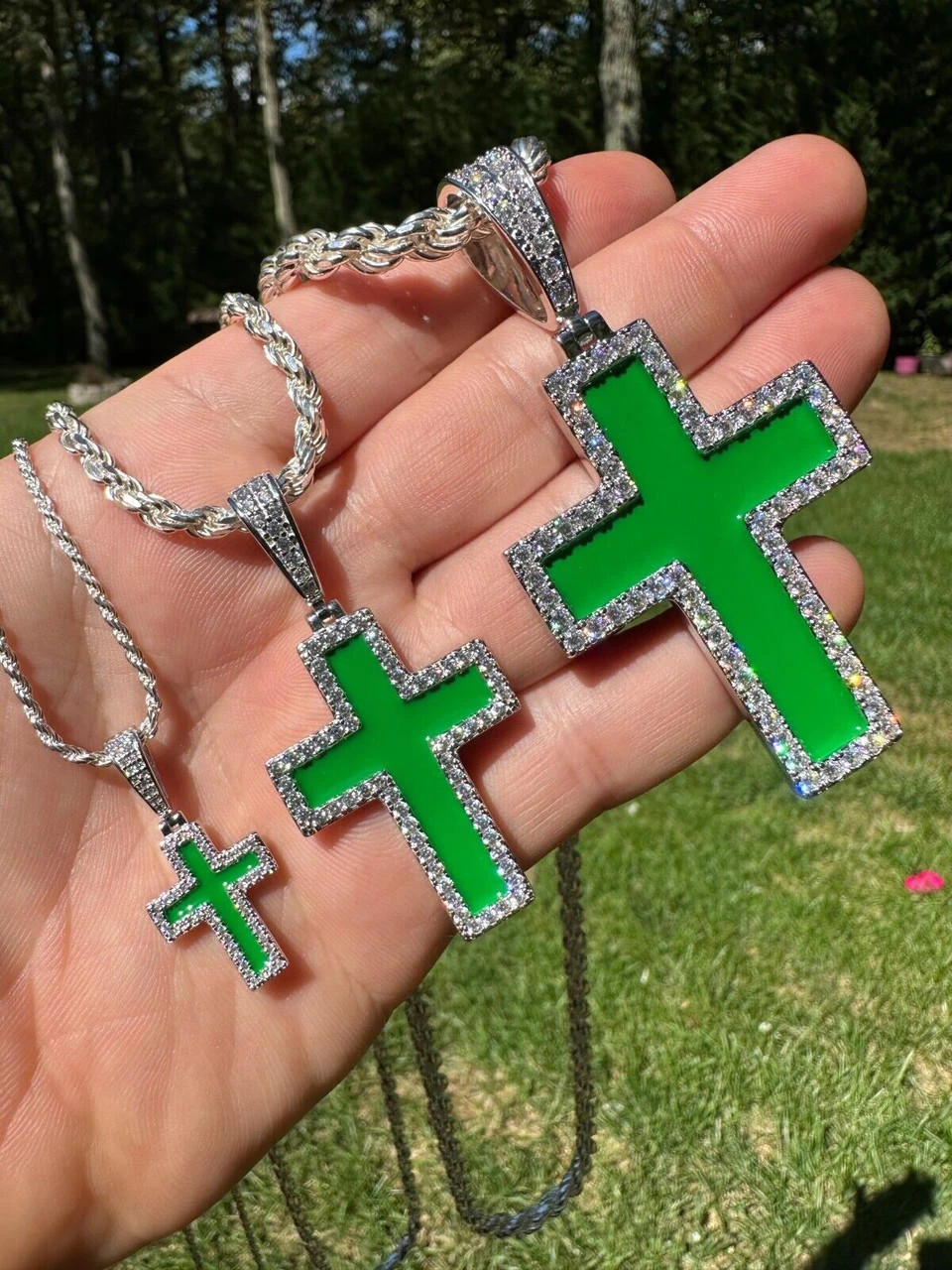MOISSANITE Cross Pendant Iced Necklace Green Enamel Real 925 Silver - 3 Sizes 20 MOISSANITE Cross Pendant Iced Necklace Green Enamel Real 925 Silver - 3 Sizes - Image 18