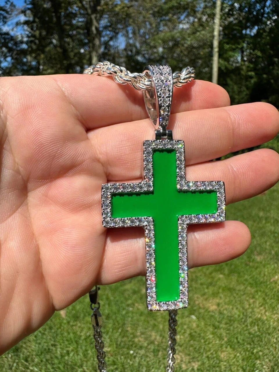 MOISSANITE Cross Pendant Iced Necklace Green Enamel Real 925 Silver - 3 Sizes 21 MOISSANITE Cross Pendant Iced Necklace Green Enamel Real 925 Silver - 3 Sizes - Image 19