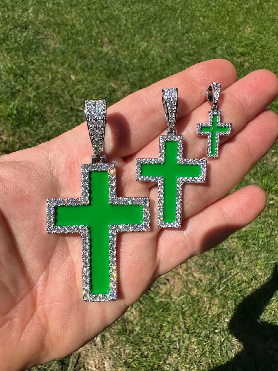 MOISSANITE Cross Pendant Iced Necklace Green Enamel Real 925 Silver - 3 Sizes 12 MOISSANITE Cross Pendant Iced Necklace Green Enamel Real 925 Silver - 3 Sizes - Image 10