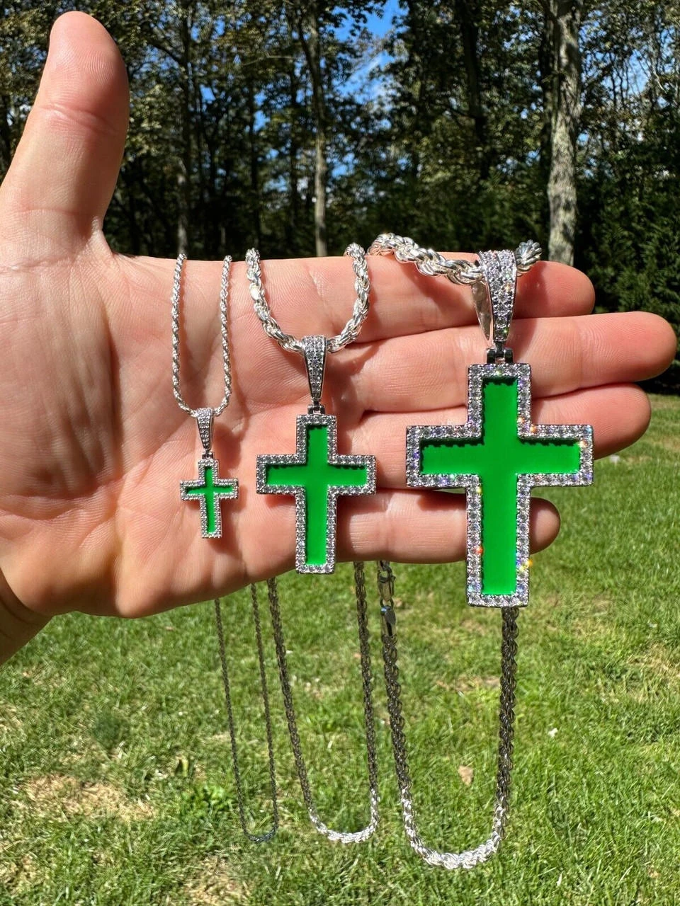MOISSANITE Cross Pendant Iced Necklace Green Enamel Real 925 Silver - 3 Sizes 19 MOISSANITE Cross Pendant Iced Necklace Green Enamel Real 925 Silver - 3 Sizes - Image 17