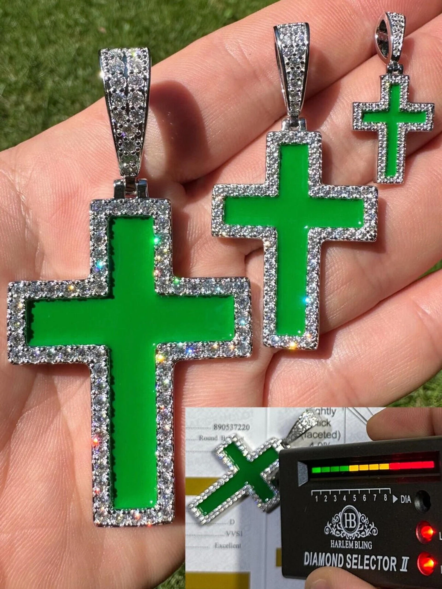 MOISSANITE Cross Pendant Iced Necklace Green Enamel Real 925 Silver - 3 Sizes 3 MOISSANITE Cross Pendant Iced Necklace Green Enamel Real 925 Silver - 3 Sizes