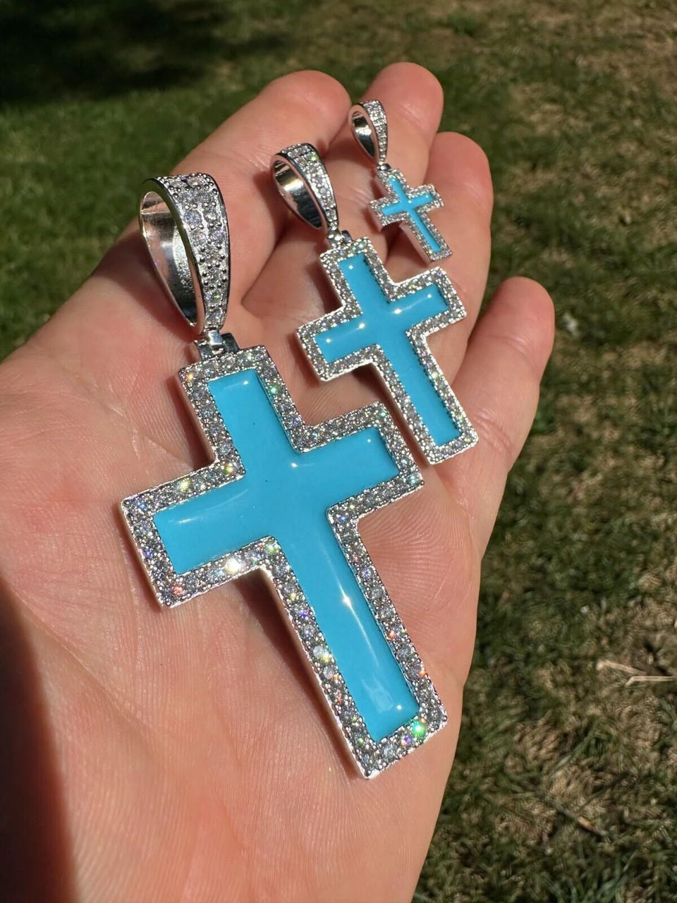 MOISSANITE Cross Pendant Iced Necklace Light Blue Enamel Real 925 Silver 3 Sizes 5 MOISSANITE Cross Pendant Iced Necklace Light Blue Enamel Real 925 Silver 3 Sizes - Image 3