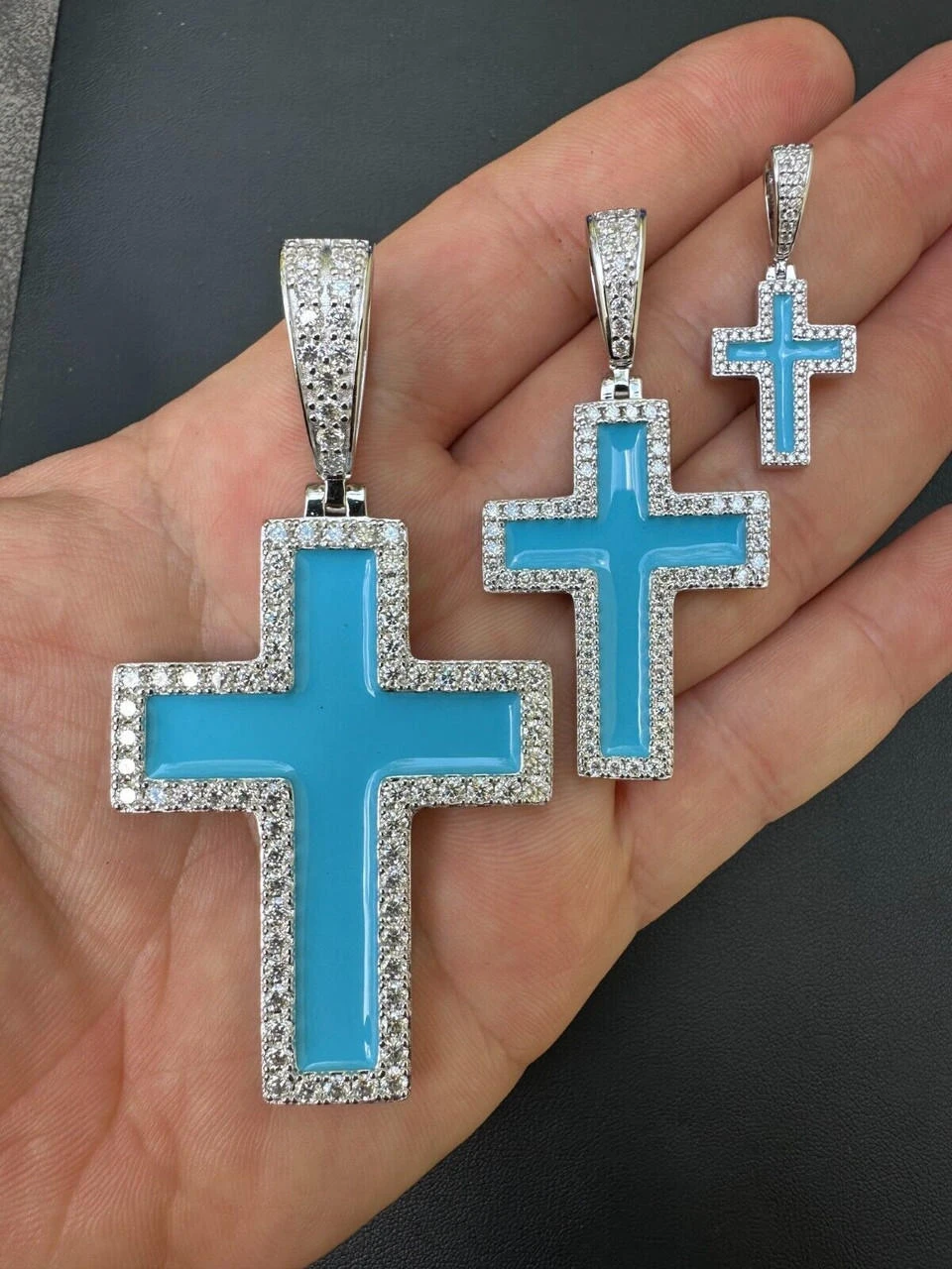 MOISSANITE Cross Pendant Iced Necklace Light Blue Enamel Real 925 Silver 3 Sizes 4 MOISSANITE Cross Pendant Iced Necklace Light Blue Enamel Real 925 Silver 3 Sizes - Image 2