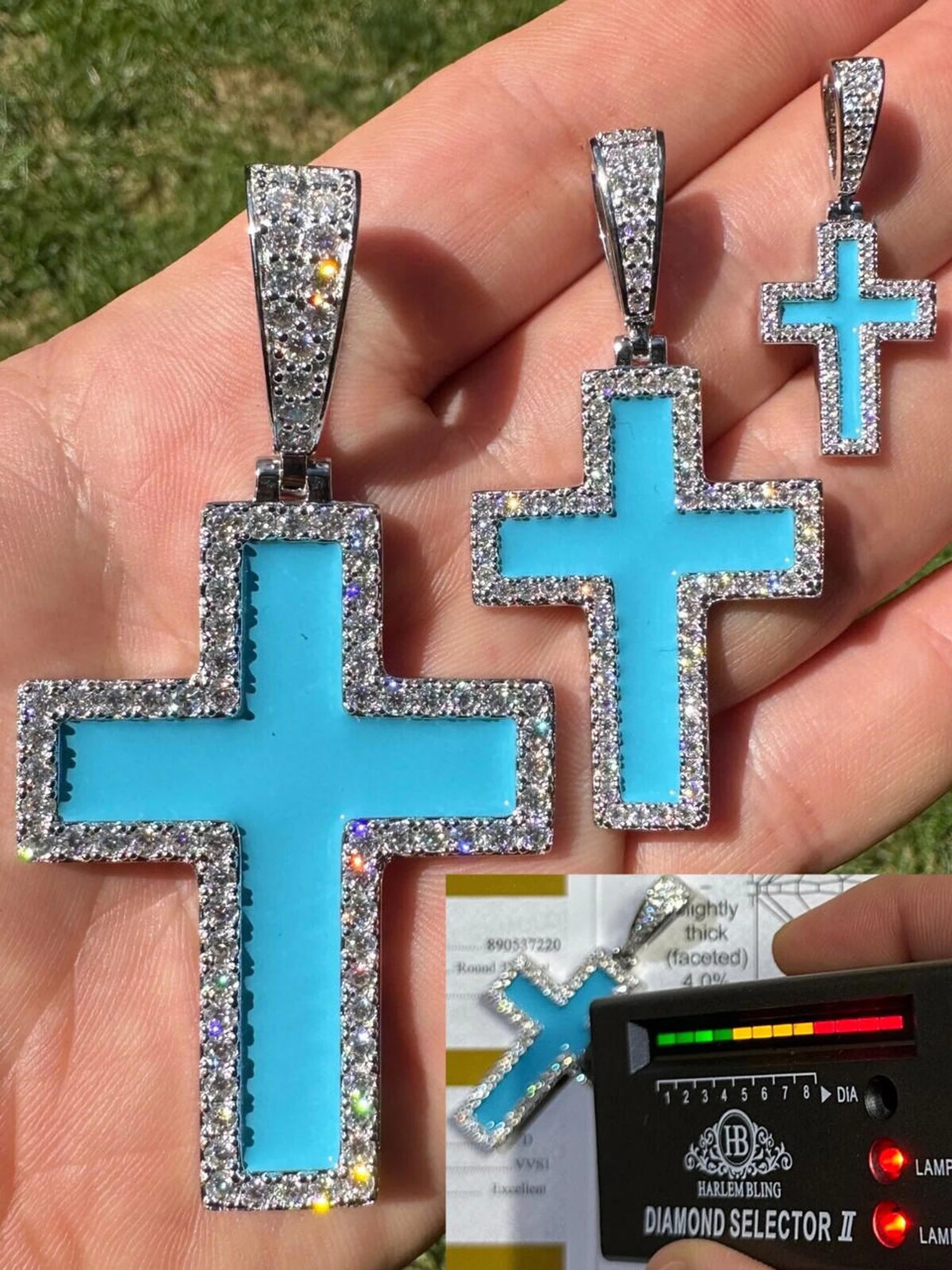 MOISSANITE Cross Pendant Iced Necklace Light Blue Enamel Real 925 Silver 3 Sizes 3 MOISSANITE Cross Pendant Iced Necklace Light Blue Enamel Real 925 Silver 3 Sizes