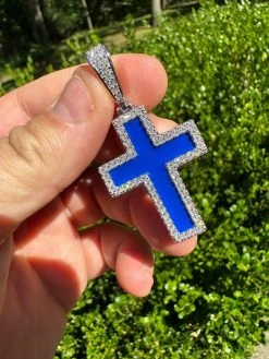 MOISSANITE Cross Pendant Iced Necklace Navy Blue Enamel Real 925 Silver 3 Sizes 34 MOISSANITE Cross Pendant Iced Necklace Navy Blue Enamel Real 925 Silver 3 Sizes -Harlem Bling Shop hip hop moissanite cross pendant iced necklace navy blue enamel real 925 silver 3 sizes 02013.1694654937