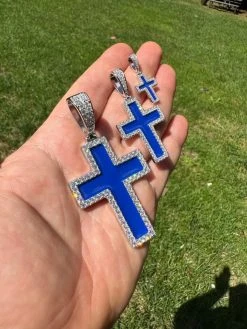 MOISSANITE Cross Pendant Iced Necklace Navy Blue Enamel Real 925 Silver 3 Sizes 24 MOISSANITE Cross Pendant Iced Necklace Navy Blue Enamel Real 925 Silver 3 Sizes -Harlem Bling Shop hip hop moissanite cross pendant iced necklace navy blue enamel real 925 silver 3 sizes 16497.1694654881