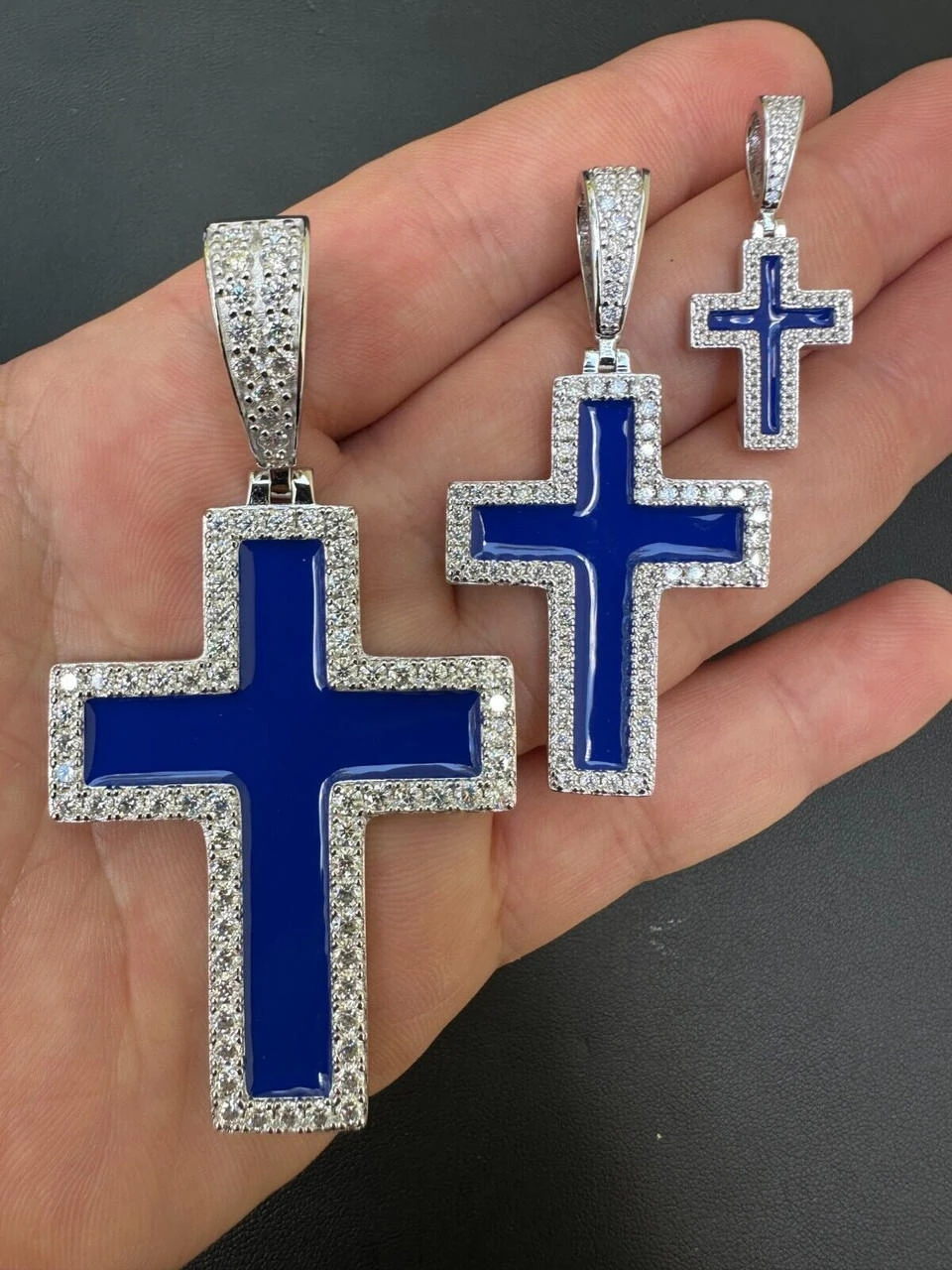 MOISSANITE Cross Pendant Iced Necklace Navy Blue Enamel Real 925 Silver 3 Sizes 4 MOISSANITE Cross Pendant Iced Necklace Navy Blue Enamel Real 925 Silver 3 Sizes - Image 2