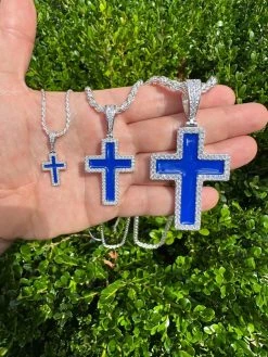 MOISSANITE Cross Pendant Iced Necklace Navy Blue Enamel Real 925 Silver 3 Sizes 38 MOISSANITE Cross Pendant Iced Necklace Navy Blue Enamel Real 925 Silver 3 Sizes -Harlem Bling Shop hip hop moissanite cross pendant iced necklace navy blue enamel real 925 silver 3 sizes 60774.1694654963