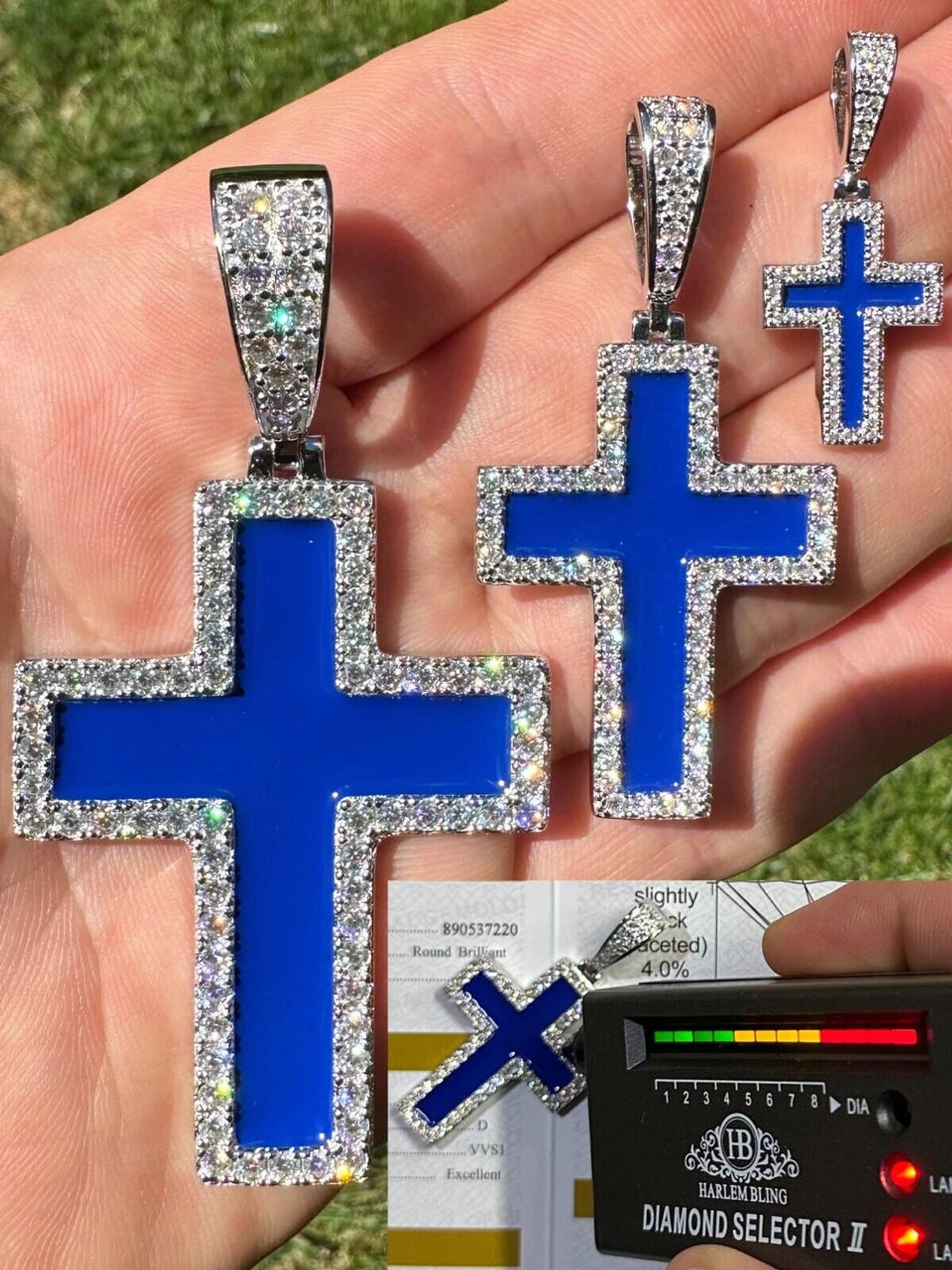 MOISSANITE Cross Pendant Iced Necklace Navy Blue Enamel Real 925 Silver 3 Sizes 3 MOISSANITE Cross Pendant Iced Necklace Navy Blue Enamel Real 925 Silver 3 Sizes
