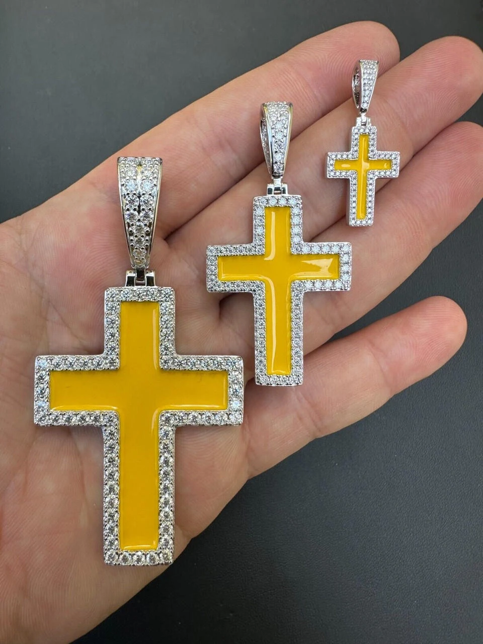 MOISSANITE Cross Pendant Iced Necklace Yellow Enamel Real 925 Silver 3 Sizes 4 MOISSANITE Cross Pendant Iced Necklace Yellow Enamel Real 925 Silver 3 Sizes - Image 2