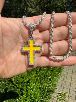 MOISSANITE Cross Pendant Iced Necklace Yellow Enamel Real 925 Silver 3 Sizes 32 MOISSANITE Cross Pendant Iced Necklace Yellow Enamel Real 925 Silver 3 Sizes -Harlem Bling Shop hip hop moissanite cross pendant iced necklace yellow enamel real 925 silver 3 sizes 10354.1694654949