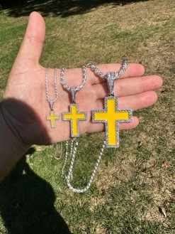 MOISSANITE Cross Pendant Iced Necklace Yellow Enamel Real 925 Silver 3 Sizes 39 MOISSANITE Cross Pendant Iced Necklace Yellow Enamel Real 925 Silver 3 Sizes -Harlem Bling Shop hip hop moissanite cross pendant iced necklace yellow enamel real 925 silver 3 sizes 19834.1694654940