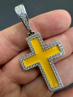 MOISSANITE Cross Pendant Iced Necklace Yellow Enamel Real 925 Silver 3 Sizes 34 MOISSANITE Cross Pendant Iced Necklace Yellow Enamel Real 925 Silver 3 Sizes -Harlem Bling Shop hip hop moissanite cross pendant iced necklace yellow enamel real 925 silver 3 sizes 24057.1694654950