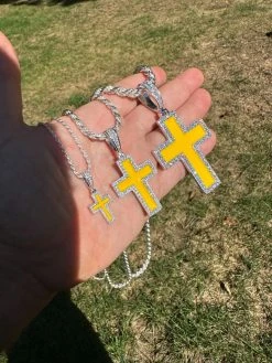 MOISSANITE Cross Pendant Iced Necklace Yellow Enamel Real 925 Silver 3 Sizes 38 MOISSANITE Cross Pendant Iced Necklace Yellow Enamel Real 925 Silver 3 Sizes -Harlem Bling Shop hip hop moissanite cross pendant iced necklace yellow enamel real 925 silver 3 sizes 36717.1694654916