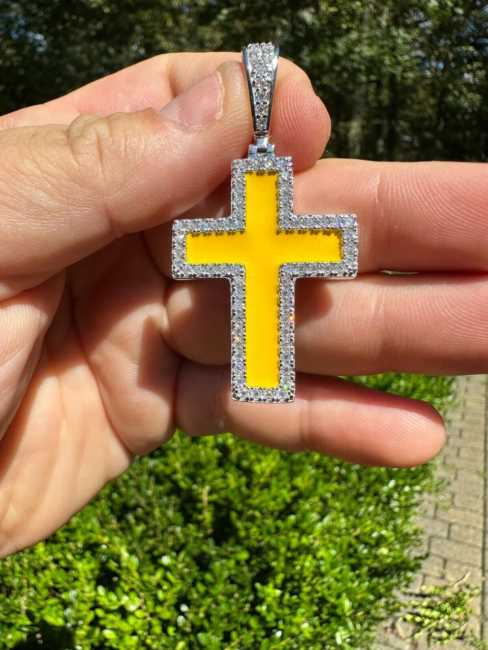 MOISSANITE Cross Pendant Iced Necklace Yellow Enamel Real 925 Silver 3 Sizes 11 MOISSANITE Cross Pendant Iced Necklace Yellow Enamel Real 925 Silver 3 Sizes - Image 9