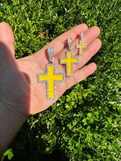 MOISSANITE Cross Pendant Iced Necklace Yellow Enamel Real 925 Silver 3 Sizes 33 MOISSANITE Cross Pendant Iced Necklace Yellow Enamel Real 925 Silver 3 Sizes -Harlem Bling Shop hip hop moissanite cross pendant iced necklace yellow enamel real 925 silver 3 sizes 73516.1694654941