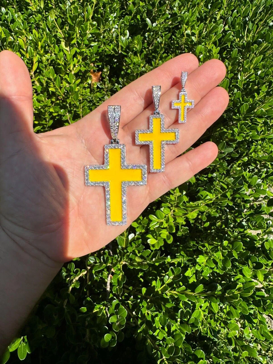 MOISSANITE Cross Pendant Iced Necklace Yellow Enamel Real 925 Silver 3 Sizes 14 MOISSANITE Cross Pendant Iced Necklace Yellow Enamel Real 925 Silver 3 Sizes - Image 12
