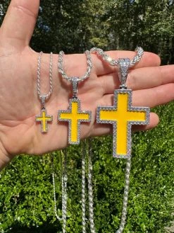 MOISSANITE Cross Pendant Iced Necklace Yellow Enamel Real 925 Silver 3 Sizes 40 MOISSANITE Cross Pendant Iced Necklace Yellow Enamel Real 925 Silver 3 Sizes -Harlem Bling Shop hip hop moissanite cross pendant iced necklace yellow enamel real 925 silver 3 sizes 88474.1694654845