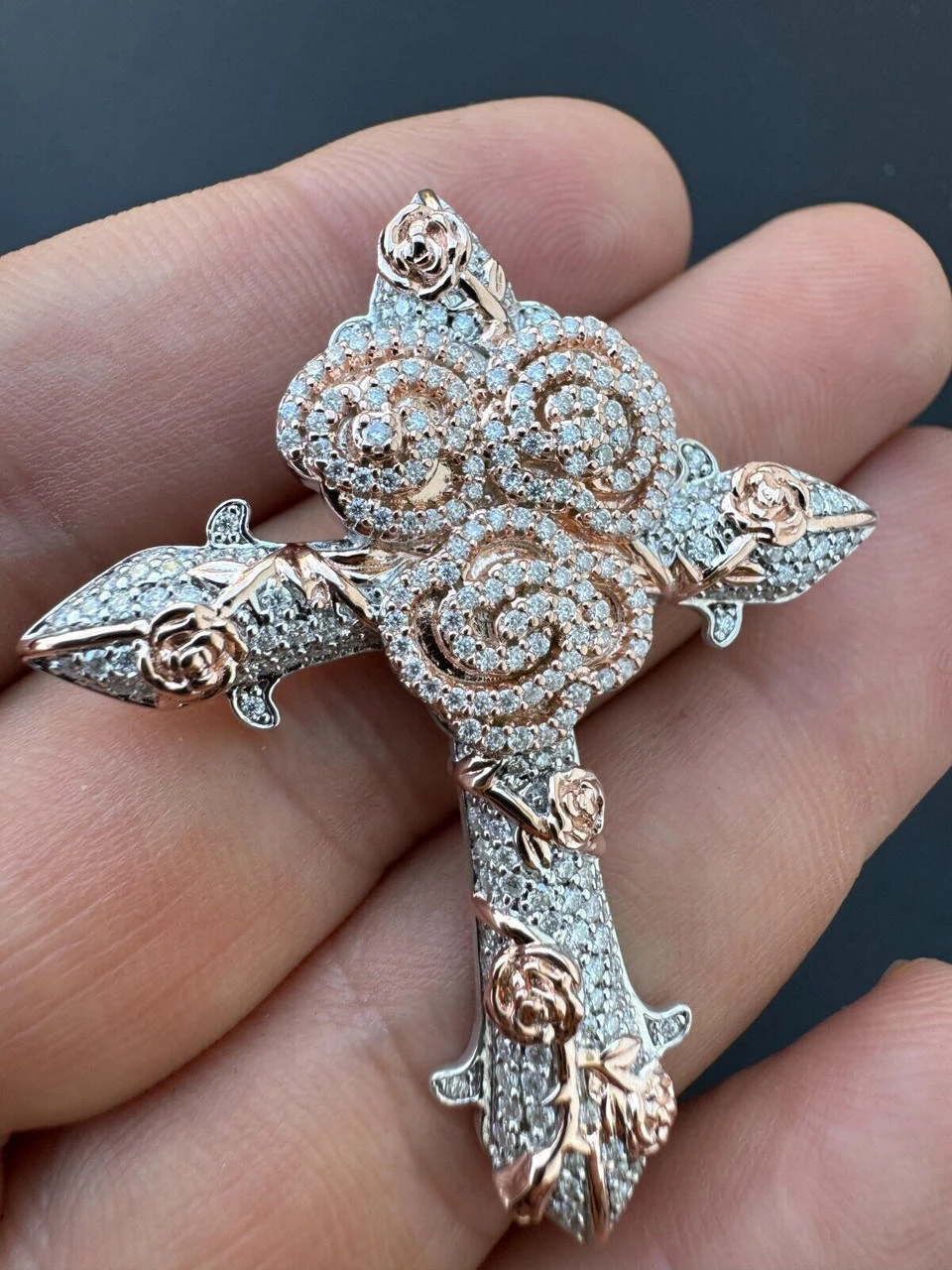 MOISSANITE Cross W. Rose Thorns Pendant Iced Necklace Real 925 Silver / 14k Gold 9 MOISSANITE Cross W. Rose Thorns Pendant Iced Necklace Real 925 Silver / 14k Gold - Image 7
