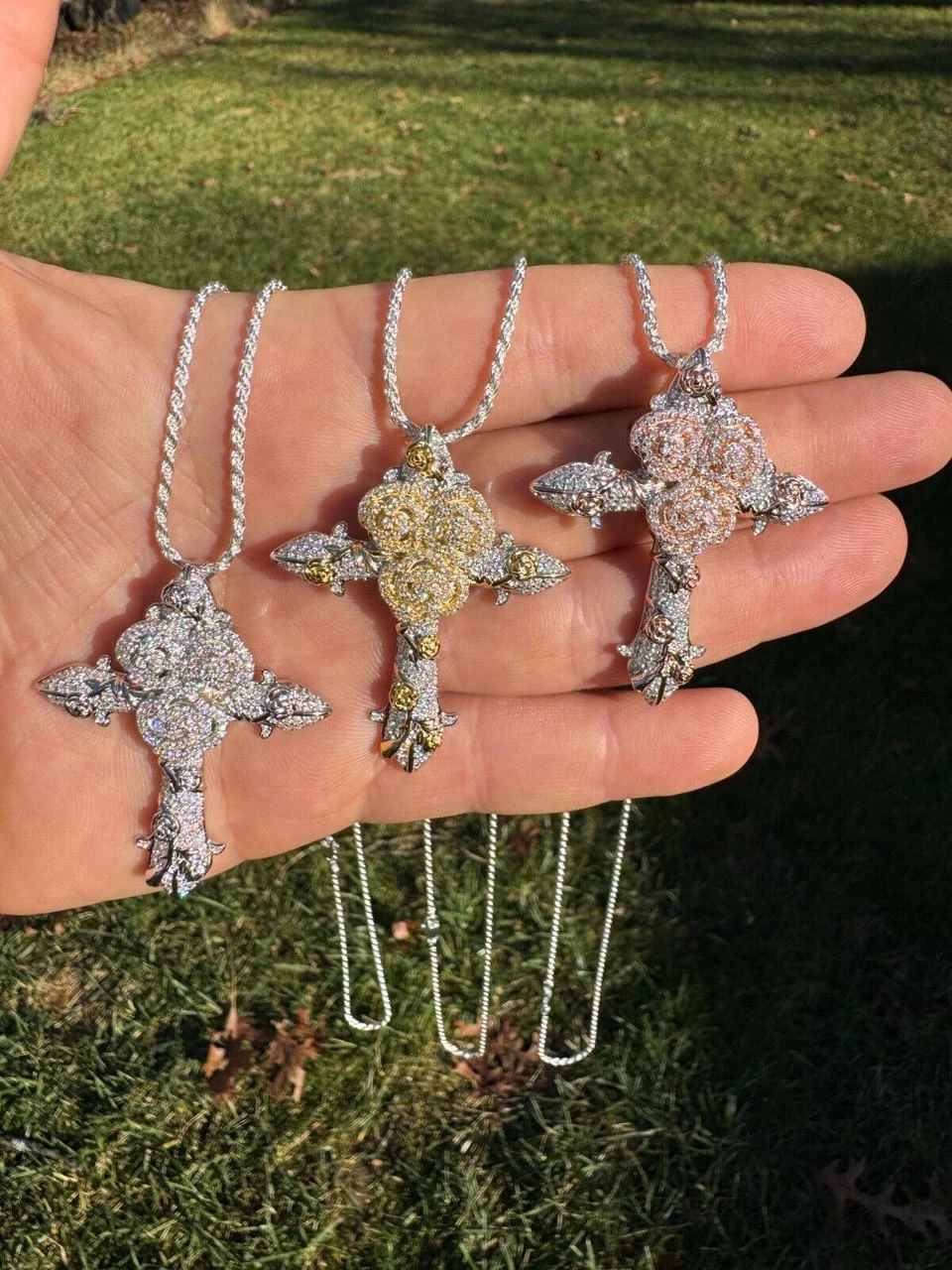 MOISSANITE Cross W. Rose Thorns Pendant Iced Necklace Real 925 Silver / 14k Gold 4 MOISSANITE Cross W. Rose Thorns Pendant Iced Necklace Real 925 Silver / 14k Gold - Image 2