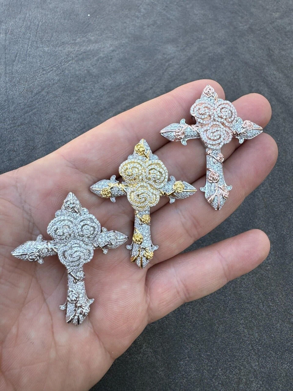 MOISSANITE Cross W. Rose Thorns Pendant Iced Necklace Real 925 Silver / 14k Gold 5 MOISSANITE Cross W. Rose Thorns Pendant Iced Necklace Real 925 Silver / 14k Gold - Image 3