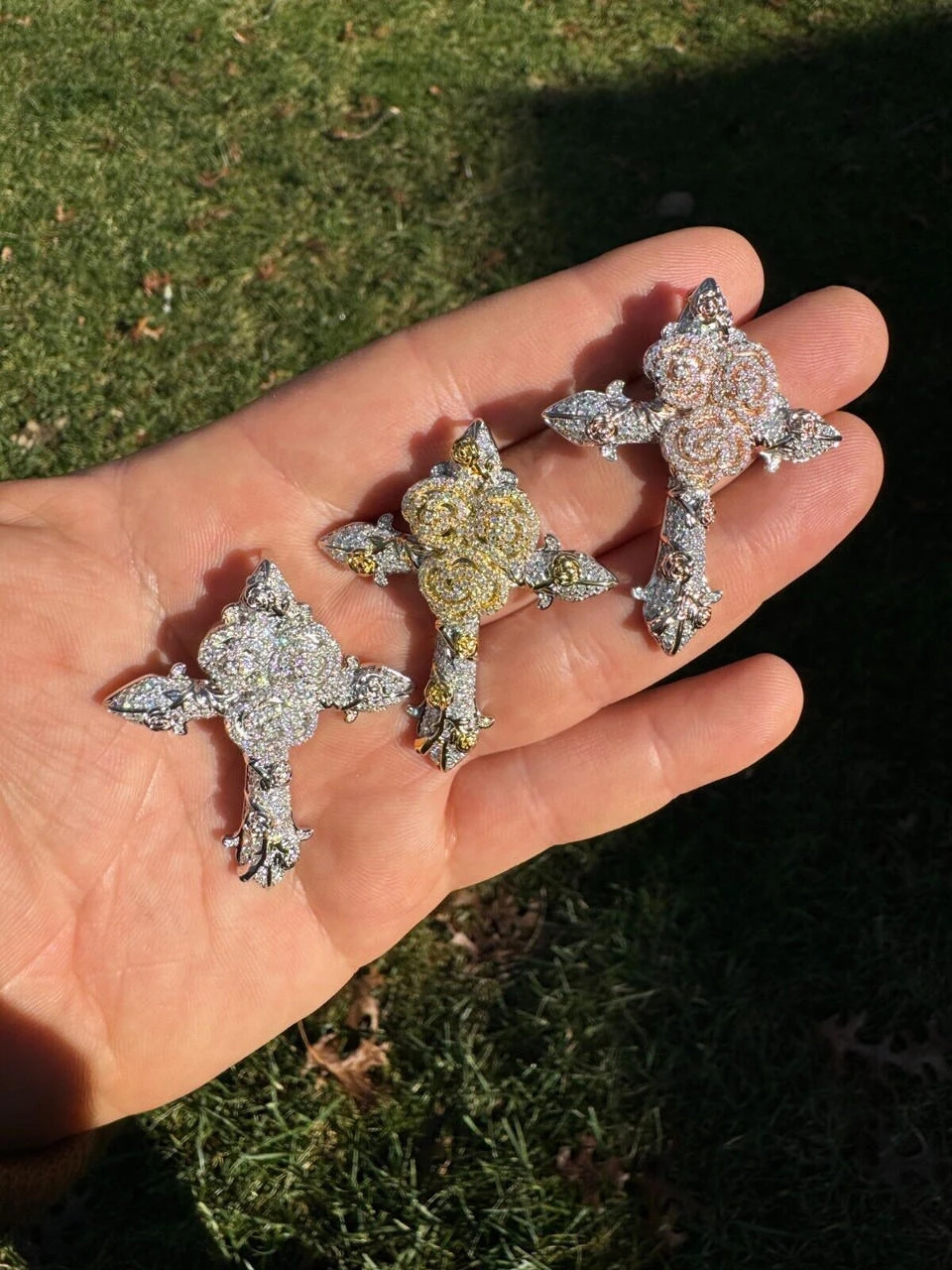 MOISSANITE Cross W. Rose Thorns Pendant Iced Necklace Real 925 Silver / 14k Gold 19 MOISSANITE Cross W. Rose Thorns Pendant Iced Necklace Real 925 Silver / 14k Gold - Image 17