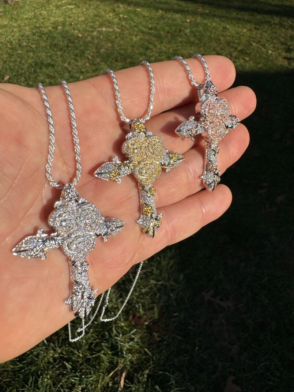 MOISSANITE Cross W. Rose Thorns Pendant Iced Necklace Real 925 Silver / 14k Gold 21 MOISSANITE Cross W. Rose Thorns Pendant Iced Necklace Real 925 Silver / 14k Gold - Image 19