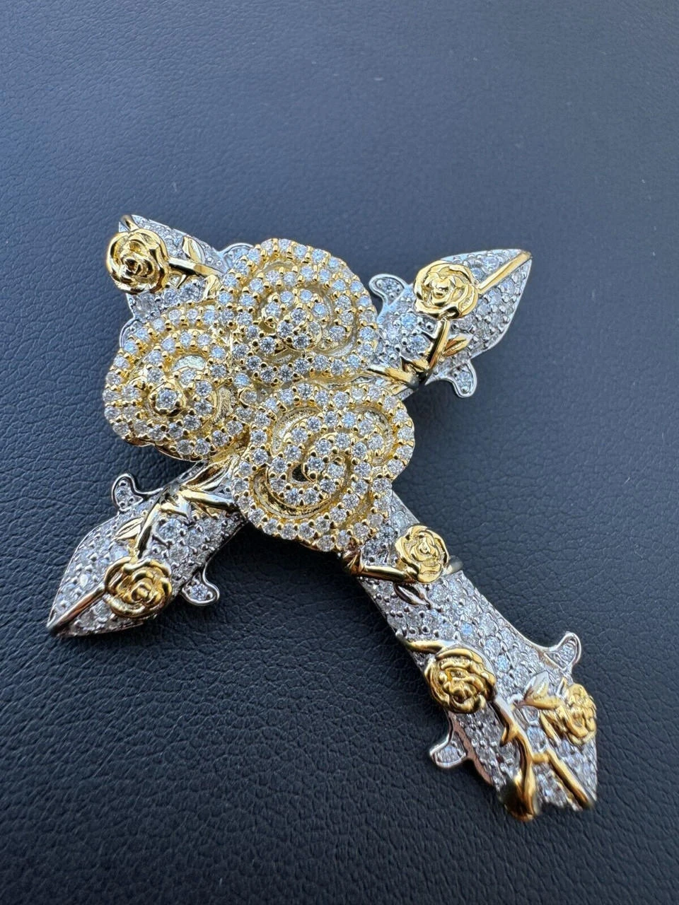 MOISSANITE Cross W. Rose Thorns Pendant Iced Necklace Real 925 Silver / 14k Gold 8 MOISSANITE Cross W. Rose Thorns Pendant Iced Necklace Real 925 Silver / 14k Gold - Image 6