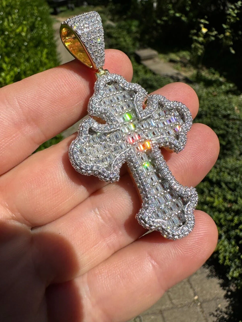 MOISSANITE Gothic Tupac Cross Pendant Iced Baguette Necklace 14k Gold Vermeil 925 Silver 4 MOISSANITE Gothic Tupac Cross Pendant Iced Baguette Necklace 14k Gold Vermeil 925 Silver - Image 2