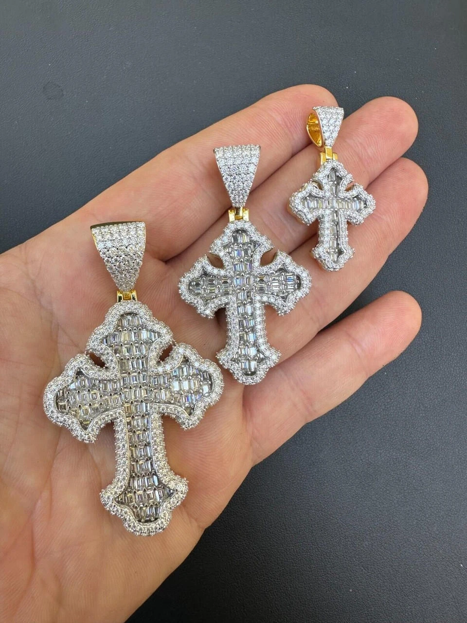 MOISSANITE Gothic Tupac Cross Pendant Iced Baguette Necklace 14k Gold Vermeil 925 Silver 8 MOISSANITE Gothic Tupac Cross Pendant Iced Baguette Necklace 14k Gold Vermeil 925 Silver - Image 6