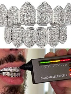 MOISSANITE GRILLZ Pass Diamond Test Teeth Top & Bottom Hip Hop 925 Silver Iced