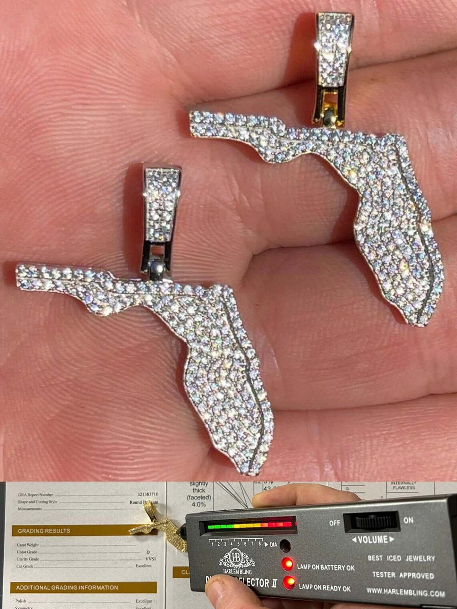 MOISSANITE Real 925 Silver / 14k Gold Hip Hop Florida State Shape Pendant Iced 3 MOISSANITE Real 925 Silver / 14k Gold Hip Hop Florida State Shape Pendant Iced