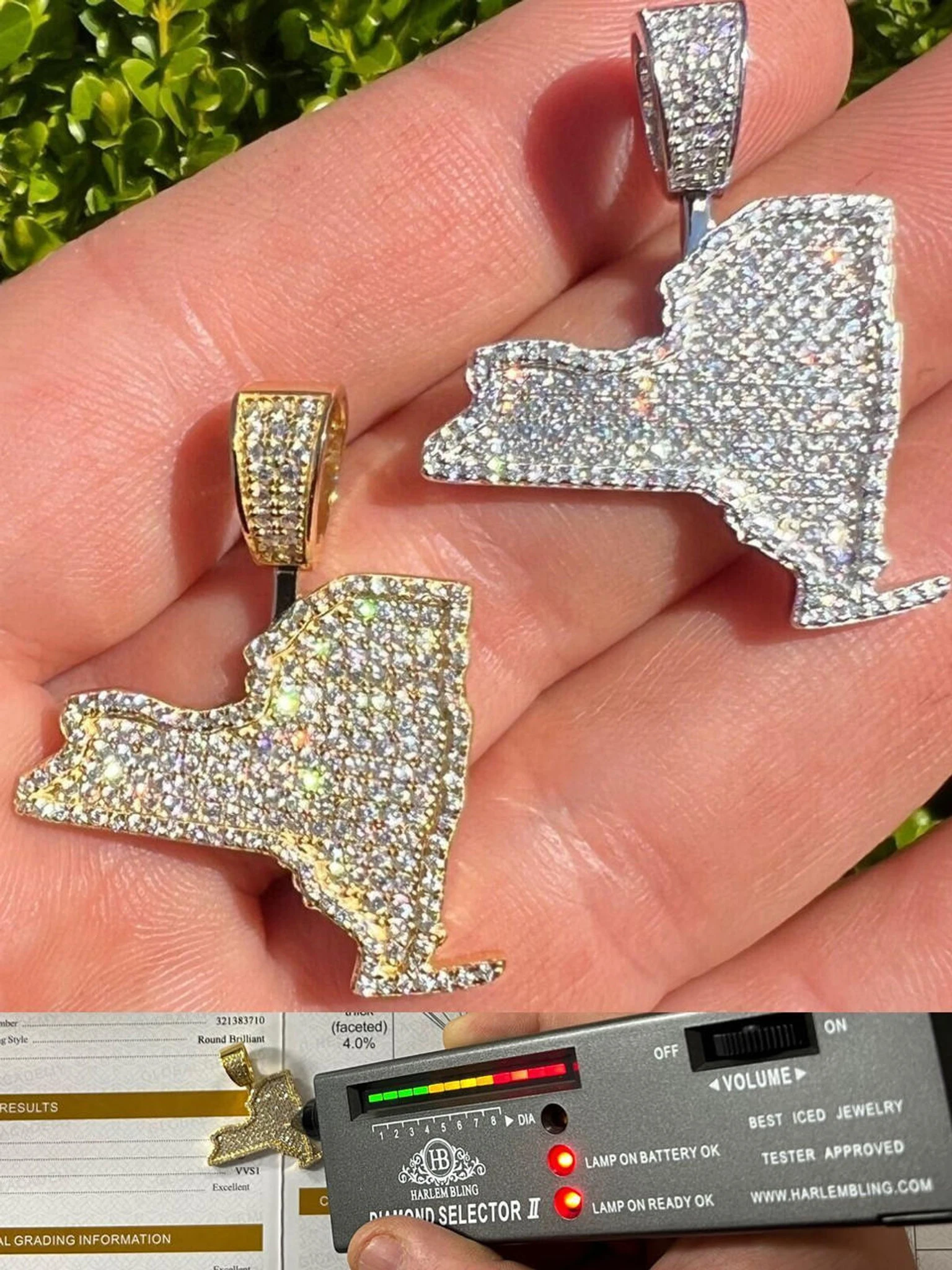 MOISSANITE Real 925 Silver / 14k Gold Hip Hop New York State Shape Pendant Iced 3 MOISSANITE Real 925 Silver / 14k Gold Hip Hop New York State Shape Pendant Iced