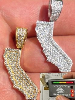 MOISSANITE Real 925 Silver / 14k Gold HipHop California State Shape Pendant Iced