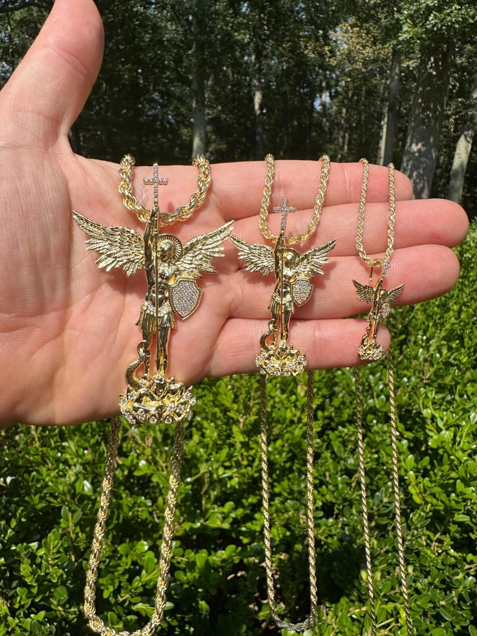 MOISSANITE Real Solid 10k Gold Saint Michael Slaying Dragon Pendant - 3 Sizes 4 MOISSANITE Real Solid 10k Gold Saint Michael Slaying Dragon Pendant - 3 Sizes - Image 2