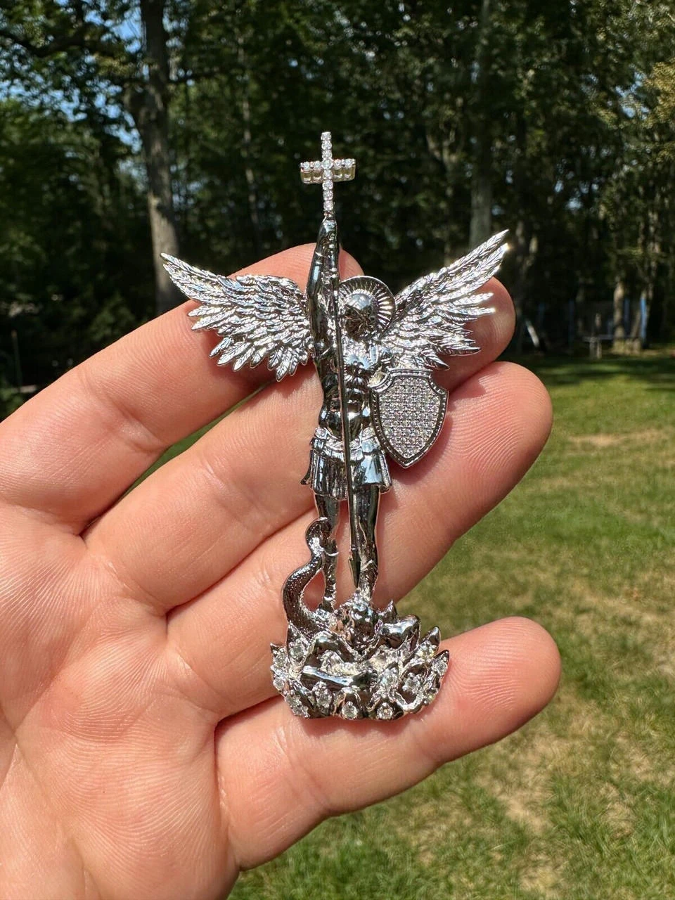 MOISSANITE Real Solid 10k White Gold Saint Michael Slaying Dragon Pendant 13 MOISSANITE Real Solid 10k White Gold Saint Michael Slaying Dragon Pendant - Image 11
