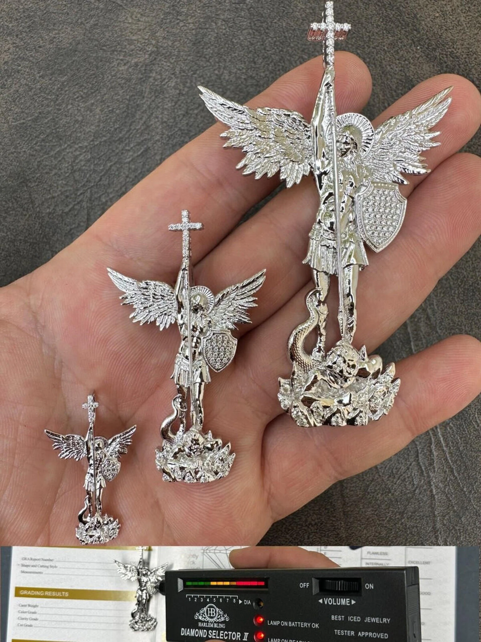 MOISSANITE Real Solid 10k White Gold Saint Michael Slaying Dragon Pendant 3 MOISSANITE Real Solid 10k White Gold Saint Michael Slaying Dragon Pendant