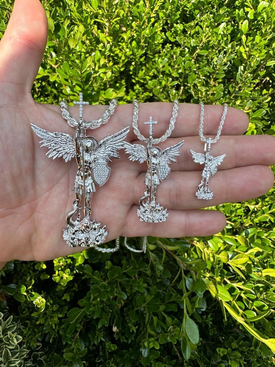 MOISSANITE Real Solid 10k White Gold Saint Michael Slaying Dragon Pendant 7 MOISSANITE Real Solid 10k White Gold Saint Michael Slaying Dragon Pendant - Image 5