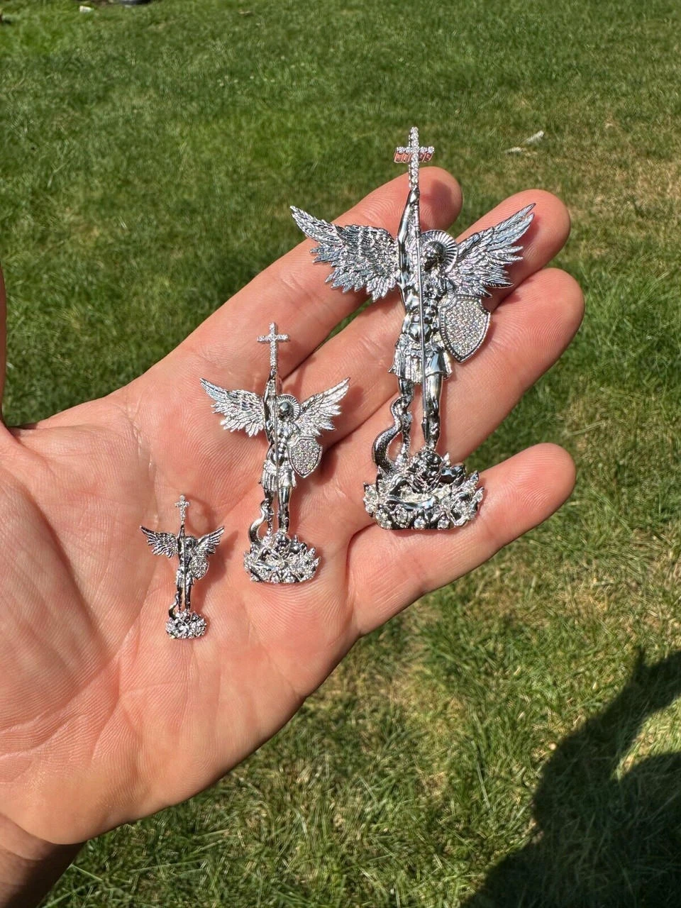 MOISSANITE Real Solid 10k White Gold Saint Michael Slaying Dragon Pendant 4 MOISSANITE Real Solid 10k White Gold Saint Michael Slaying Dragon Pendant - Image 2