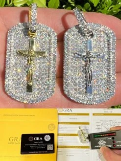 MOISSANITE Silver Gold Real Iced Jesus & Cross Dog Tag Pendant Pass Diamond Test