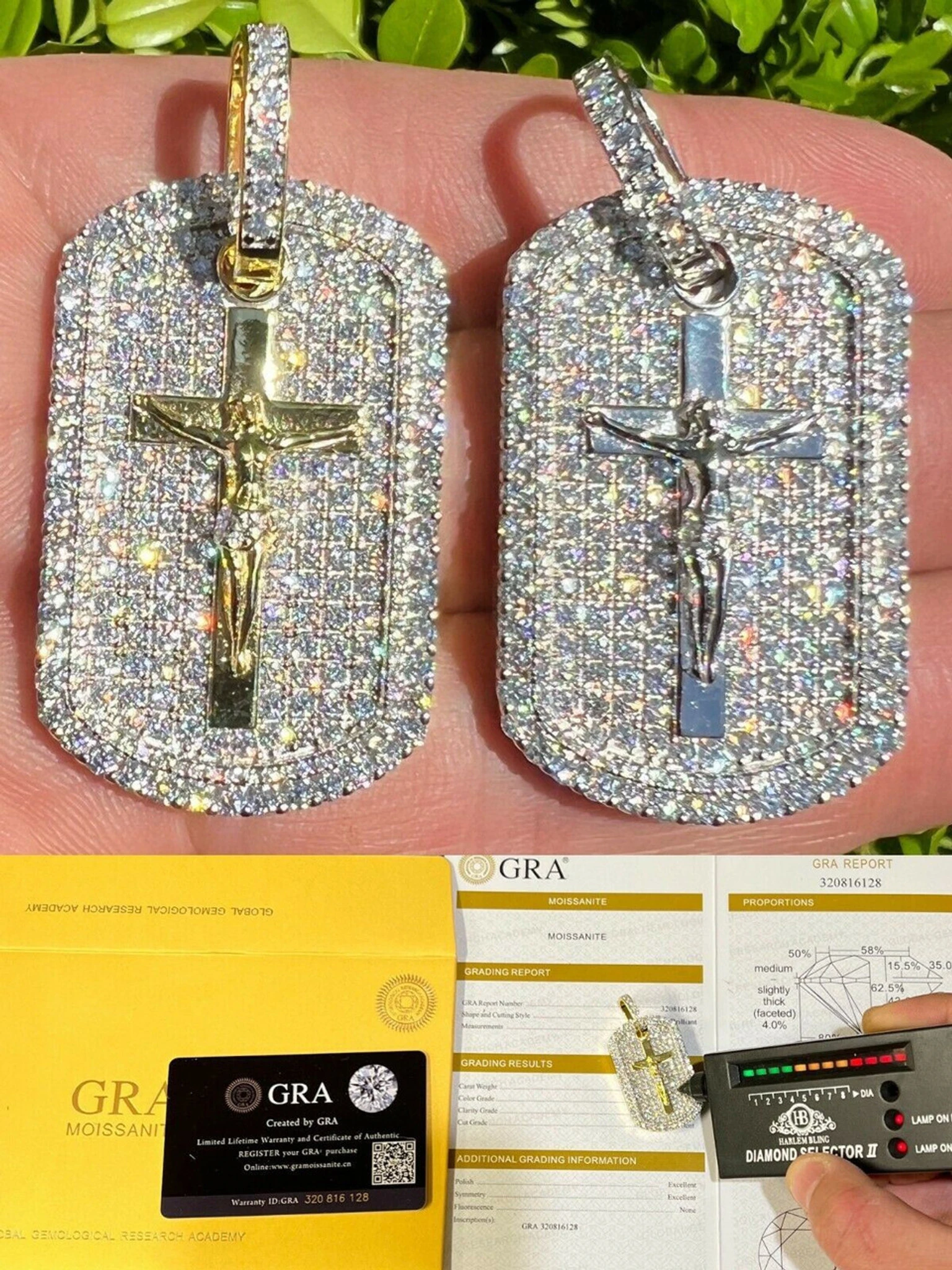 MOISSANITE Silver Gold Real Iced Jesus & Cross Dog Tag Pendant Pass Diamond Test 3 MOISSANITE Silver Gold Real Iced Jesus & Cross Dog Tag Pendant Pass Diamond Test