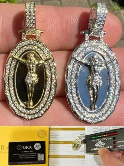 MOISSANITE Silver Gold Real Iced Jesus Oval Medallion Pendant Pass Diamond Test