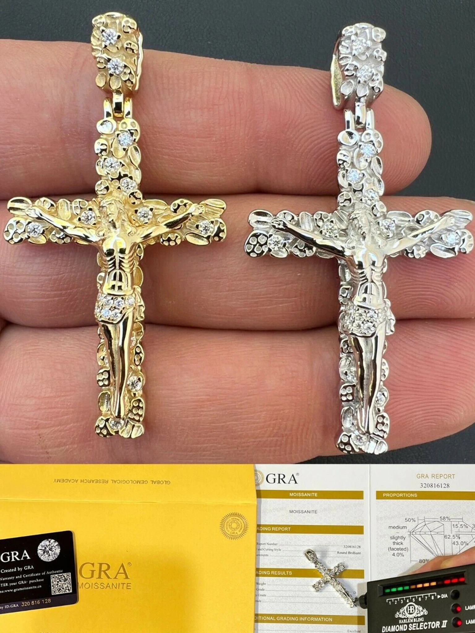 MOISSANITE Silver Gold Real Iced Nugget Jesus On Cross Pendant Pass Diamond Test 3 MOISSANITE Silver Gold Real Iced Nugget Jesus On Cross Pendant Pass Diamond Test