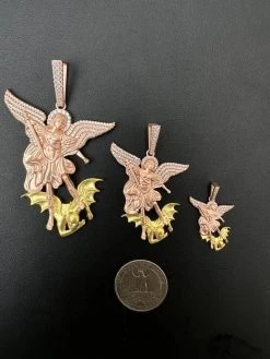 MOISSANITE St Michael & Dragon Pendant 925 Silver - Rose & Yellow Gold Necklace 27 MOISSANITE St Michael & Dragon Pendant 925 Silver - Rose & Yellow Gold Necklace -Harlem Bling Shop hip hop moissanite st michael and dragon pendant 925 silver rose and yellow gold necklace 11108.1694049590