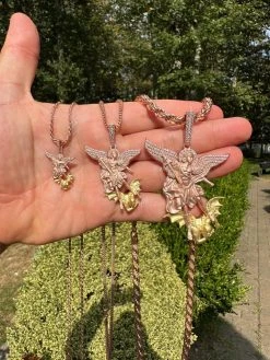 MOISSANITE St Michael & Dragon Pendant 925 Silver - Rose & Yellow Gold Necklace 23 MOISSANITE St Michael & Dragon Pendant 925 Silver - Rose & Yellow Gold Necklace -Harlem Bling Shop hip hop moissanite st michael and dragon pendant 925 silver rose and yellow gold necklace 12937.1694049464