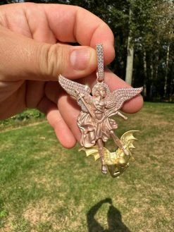 MOISSANITE St Michael & Dragon Pendant 925 Silver - Rose & Yellow Gold Necklace 39 MOISSANITE St Michael & Dragon Pendant 925 Silver - Rose & Yellow Gold Necklace -Harlem Bling Shop hip hop moissanite st michael and dragon pendant 925 silver rose and yellow gold necklace 30955.1694049433