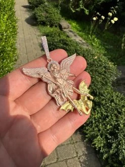 MOISSANITE St Michael & Dragon Pendant 925 Silver - Rose & Yellow Gold Necklace 40 MOISSANITE St Michael & Dragon Pendant 925 Silver - Rose & Yellow Gold Necklace -Harlem Bling Shop hip hop moissanite st michael and dragon pendant 925 silver rose and yellow gold necklace 36151.1694049572