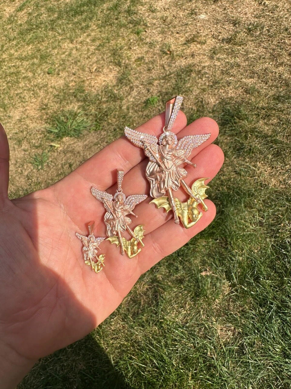 MOISSANITE St Michael & Dragon Pendant 925 Silver - Rose & Yellow Gold Necklace 6 MOISSANITE St Michael & Dragon Pendant 925 Silver - Rose & Yellow Gold Necklace - Image 4