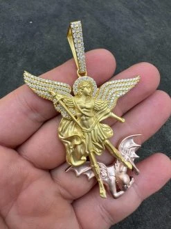 MOISSANITE St Michael & Dragon Pendant 925 Silver - Yellow & Rose Gold Iced Out 40 MOISSANITE St Michael & Dragon Pendant 925 Silver - Yellow & Rose Gold Iced Out -Harlem Bling Shop hip hop moissanite st michael and dragon pendant 925 silver yellow and rose gold iced out 58491.1694049544