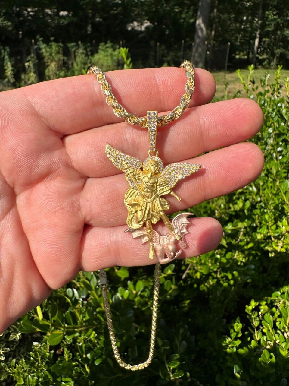 MOISSANITE St Michael & Dragon Pendant 925 Silver - Yellow & Rose Gold Iced Out 4 MOISSANITE St Michael & Dragon Pendant 925 Silver - Yellow & Rose Gold Iced Out - Image 2